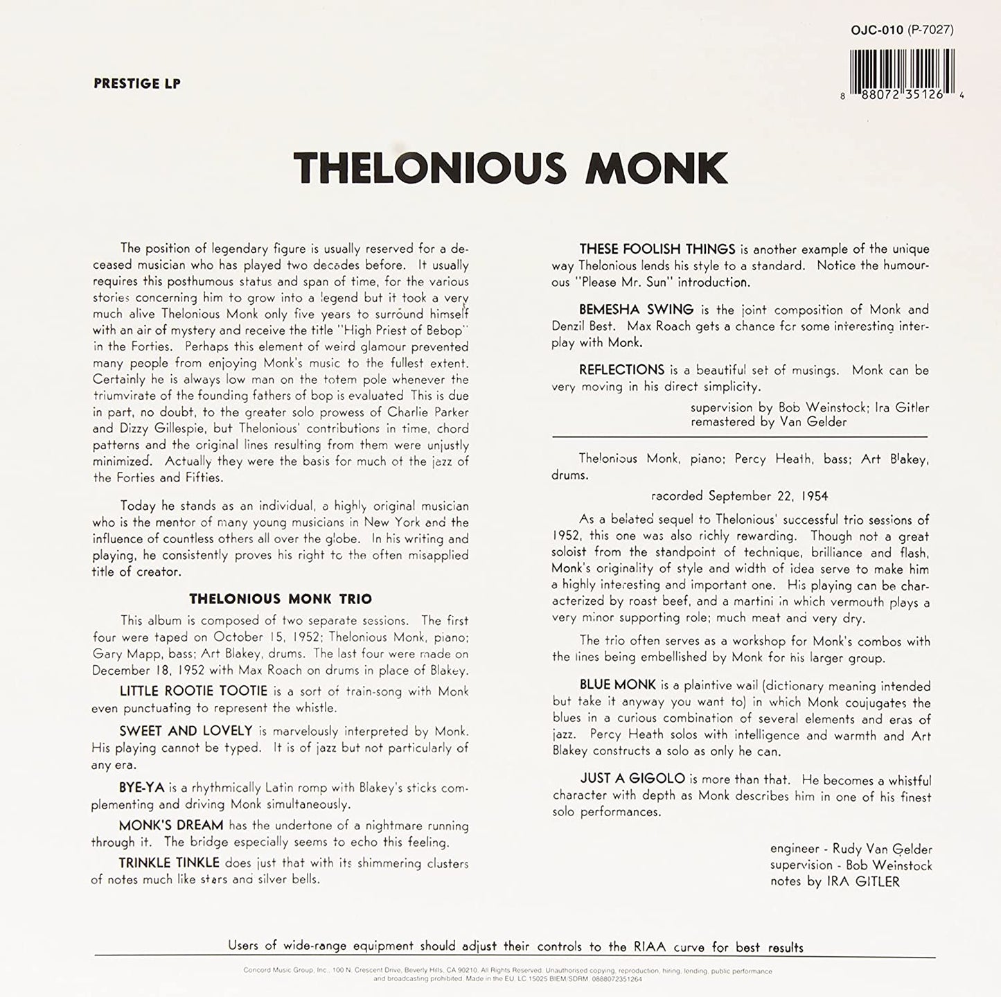 Monk, Thelonious/Thelonious Monk Trio [LP]
